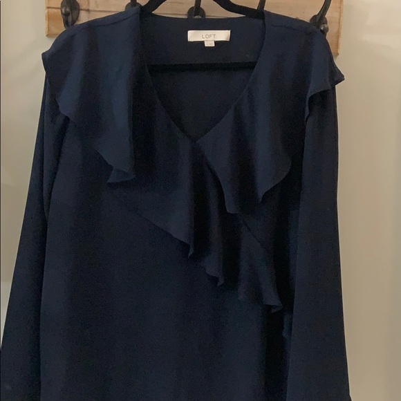 LOFT Navy Ruffle Blouse - Picture 2 of 4